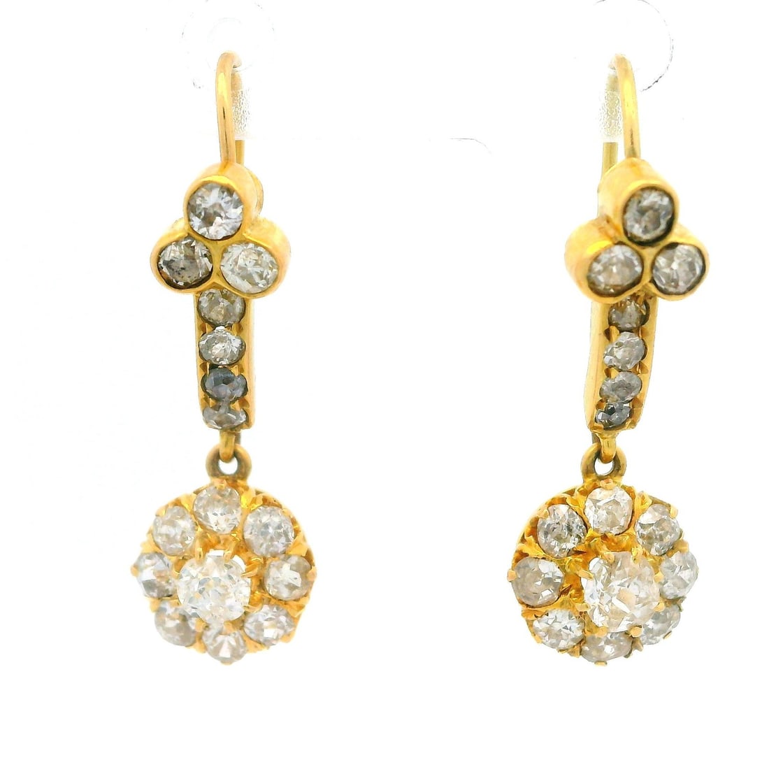 Antique Victorian 18k Yellow Gold Diamond Floral Dangle Earrings 1.50ctw: Antique Victorian 18k Yellow Gold Diamond Floral Dangle Earrings 1.50ctw These exquisite antique Victorian drop earrings showcase a stunning floral design crafted from solid 18k yellow gold. Each earr
