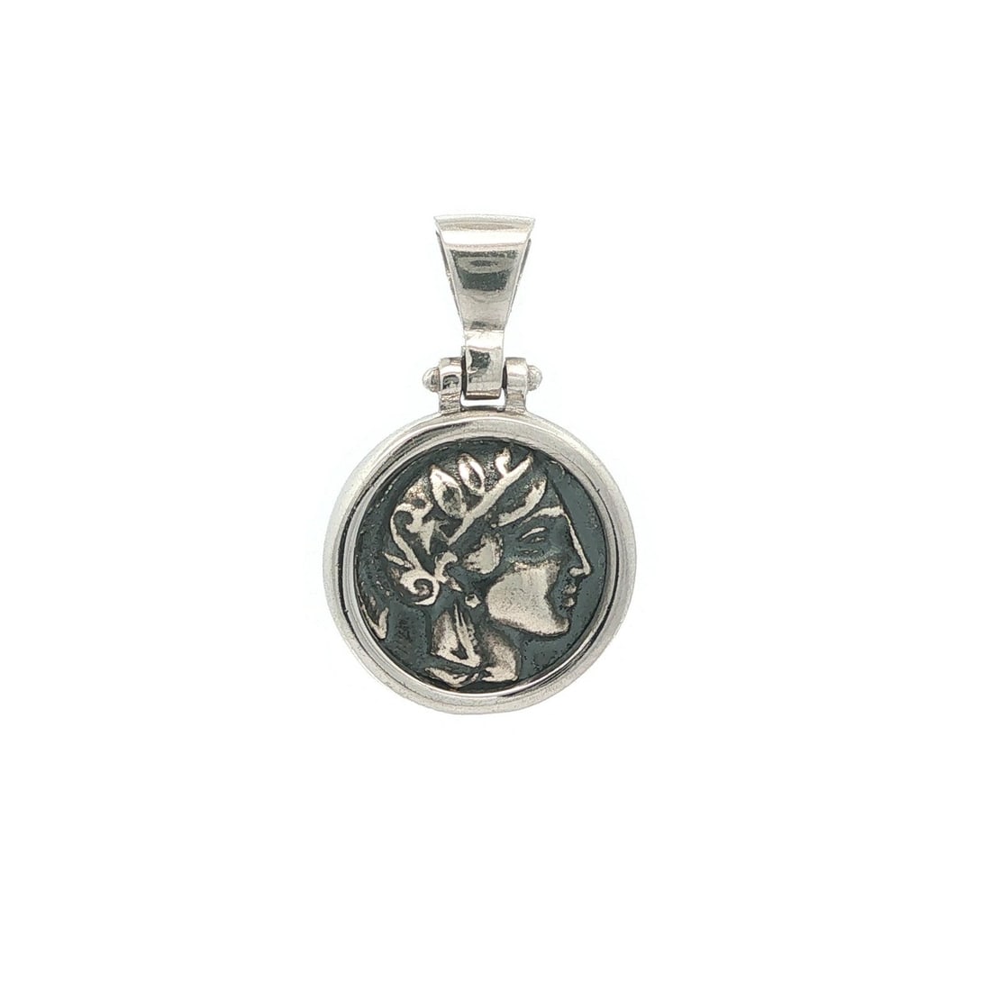 Alexander The Great Coin Pendant in Blackened Sterling Silver with Bail: Alexander The Great Coin Pendant in Blackened Sterling Silver with Bail Vintage blackened sterling silver Alexander The Great coin pendant with bail. This pre-owned pendant features a sterling silver 