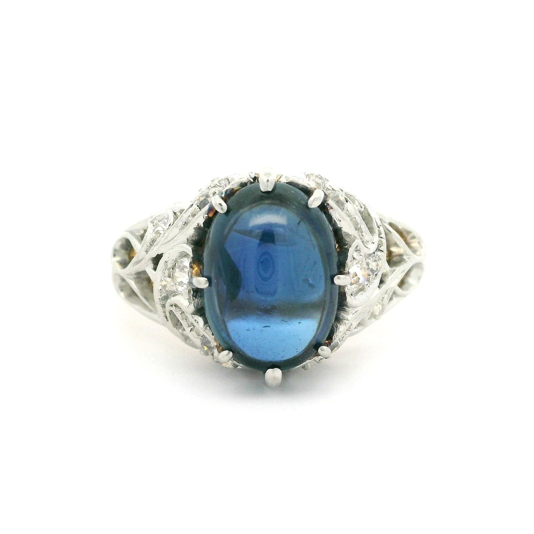 Edwardian T.B. Starr 14k Gold Platinum GIA 4.95ct Cabochon Sapphire Diamond Ring: Edwardian T.B. Starr 14k Gold Platinum GIA 4.95ct Cabochon Sapphire Diamond Ring This exquisite Edwardian-era ring features a stunning 4.65ct natural genuine star sapphire, showcased in an oval caboch