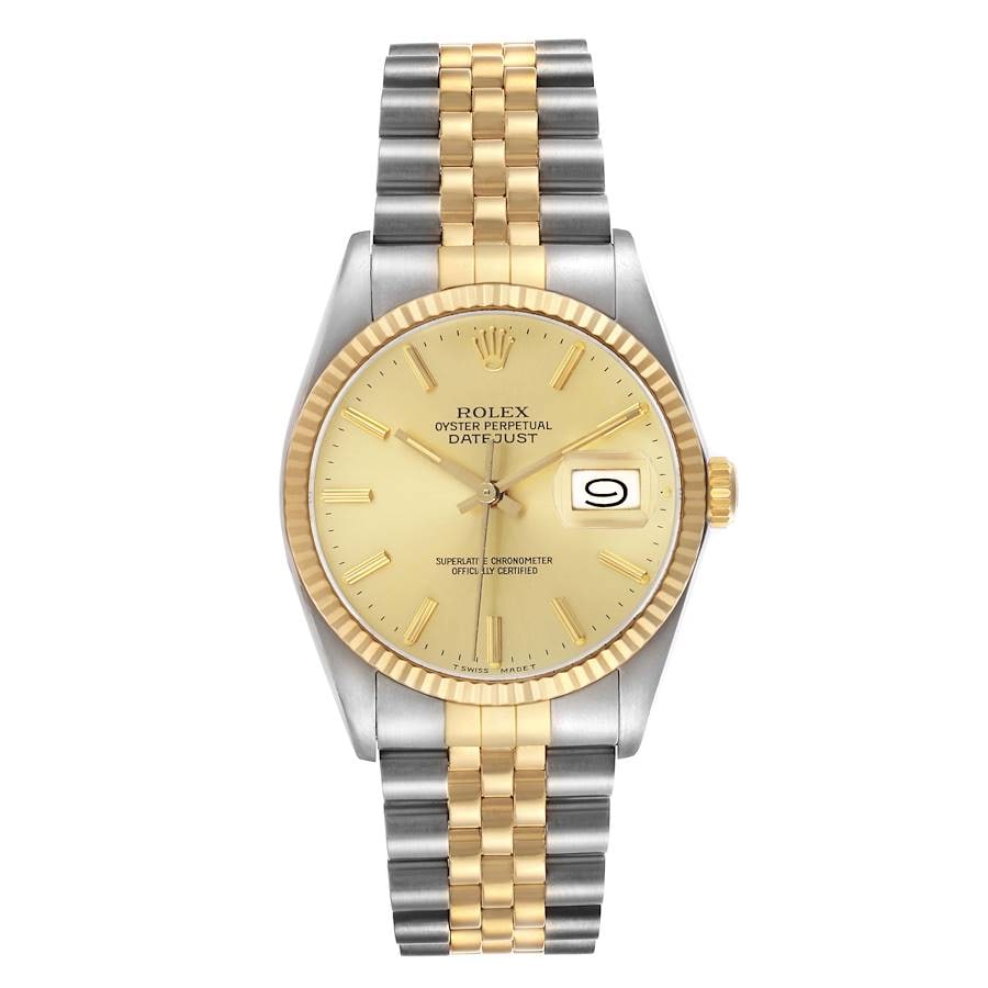 Rolex 16013 Datejust mens watch with champagne stick dial: Rolex 16013 Datejust mens watch with champagne stick dial Men's Rolex Datejust watch, reference 16013, with a champagne stick dial, fluted bezel, and D-Link Jubilee bracelet. The listing identifies th