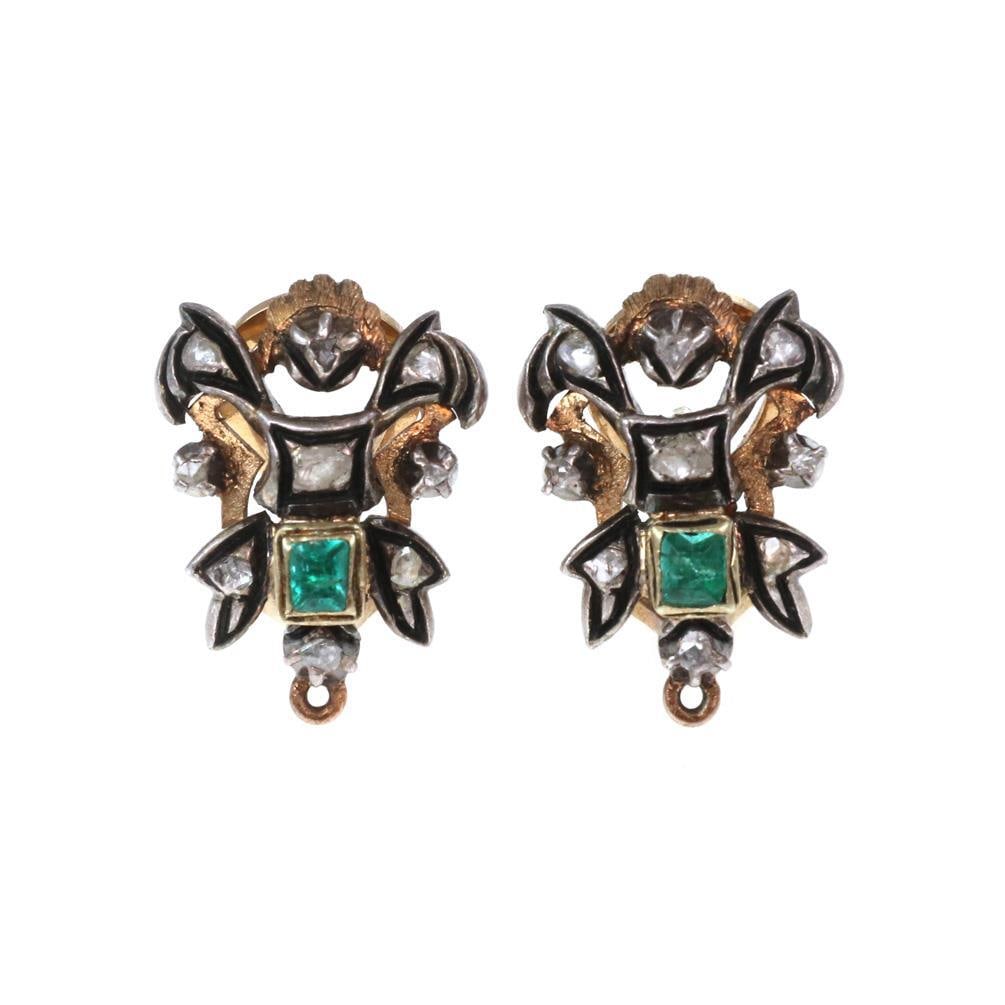 Vintage Floral Design 18k Gold Silver Rose Cut Diamond Emerald Earrings: Vintage Floral Design 18k Gold Silver Rose Cut Diamond Emerald Earrings This exquisite pair of vintage earrings showcases a stunning floral and leaf design, expertly crafted from 18k yellow gold and t