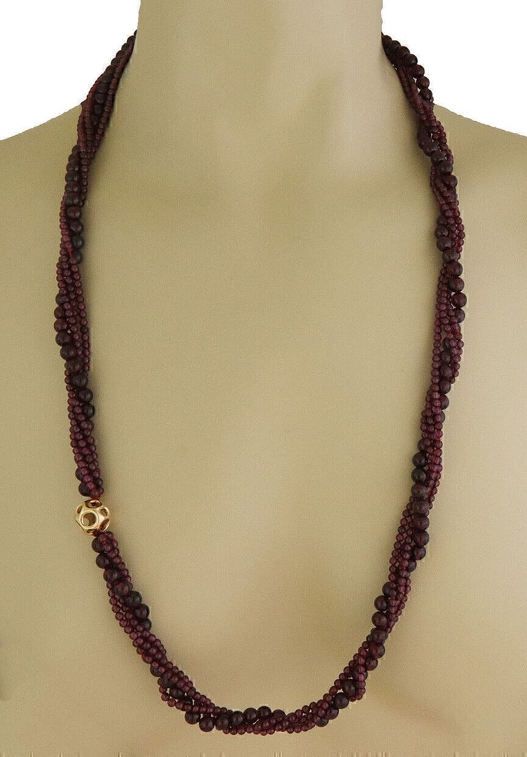 Tiffany & Co Angela Cummings 18k Gold Garnet Beaded Necklace 31.5": Tiffany & Co Angela Cummings 18k Gold Garnet Beaded Necklace 31.5" A signed Tiffany & Co. Angela Cummings garnet bead motif long necklace in a continuous bead strand design with gold accents. Crafted 