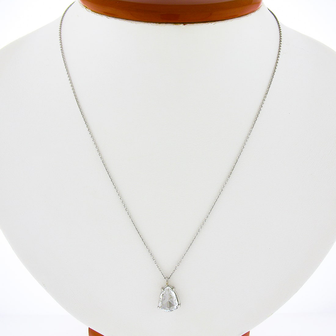 GIA Pear Rose Cut Diamond Platinum Slide Pendant Necklace 18 Inch Chain: GIA Pear Rose Cut Diamond Platinum Slide Pendant Necklace 18 Inch Chain This platinum pendant necklace features a GIA-certified natural pear rose cut diamond weighing 1.38 carats. The diamond is prong