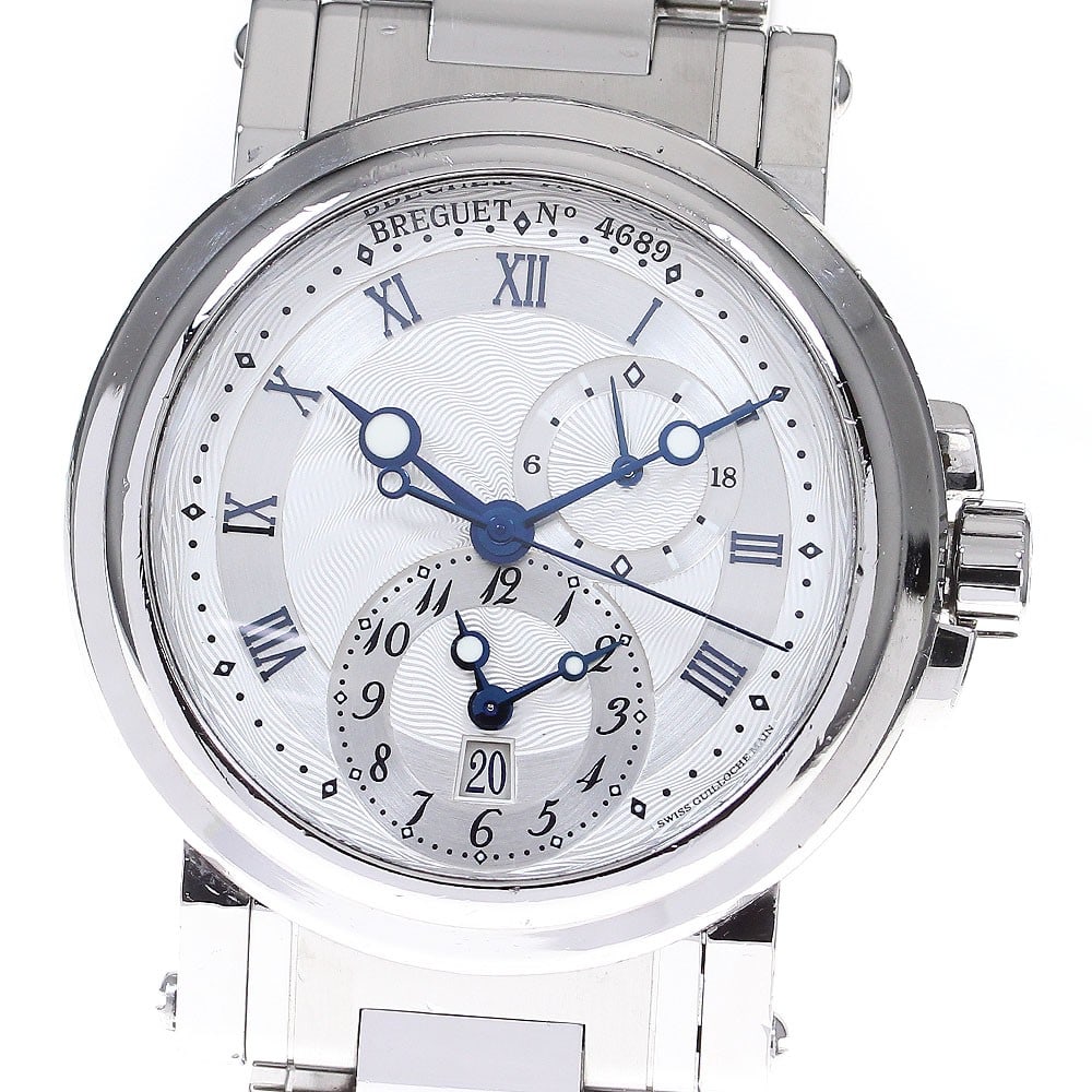 Breguet Marine 5857 GMT Date Automatic Stainless Steel Watch: Breguet Marine 5857 GMT Date Automatic Stainless Steel Watch This Breguet Marine GMT Date men's wristwatch features a stainless steel case and bracelet with a silver dial. The watch is powered by an a