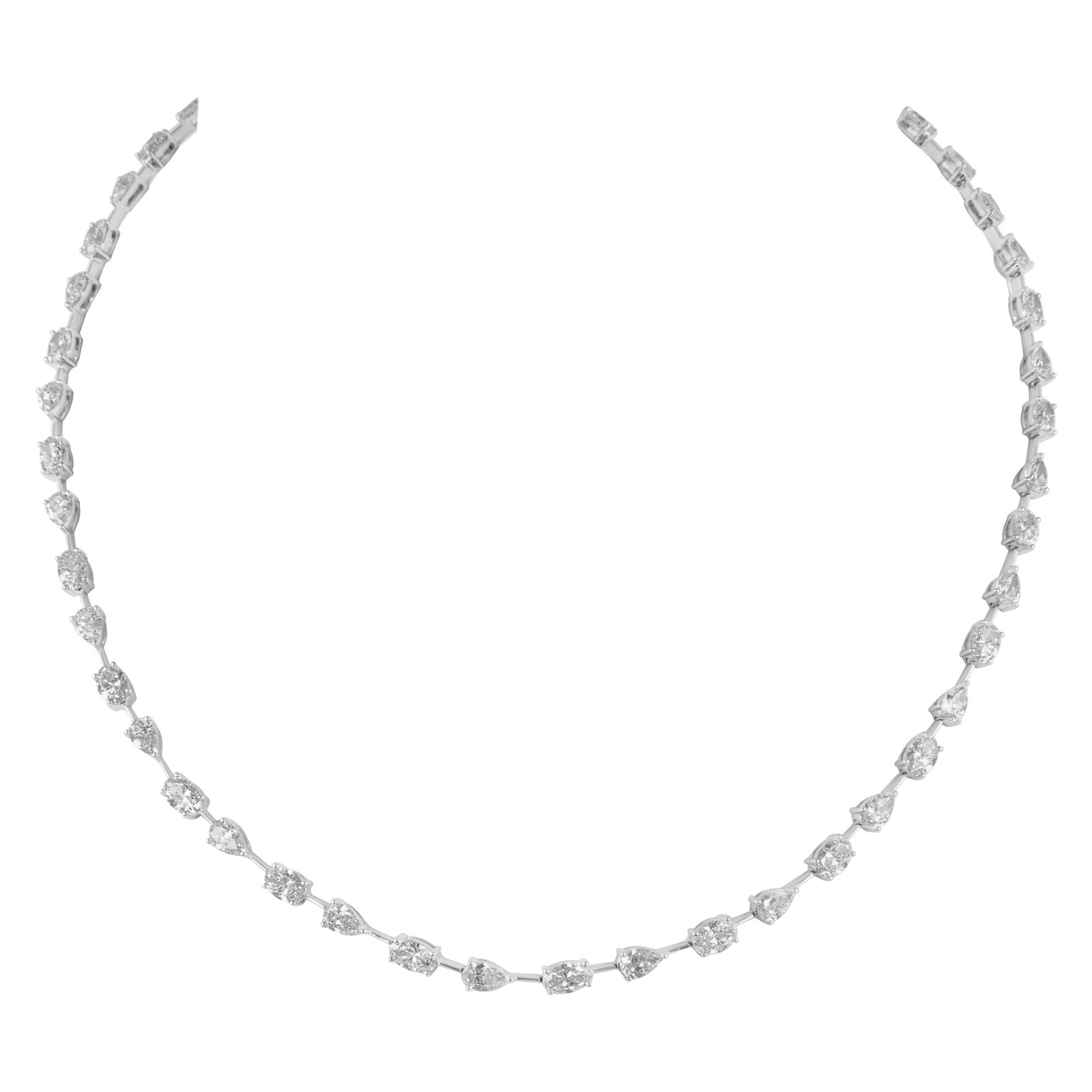 13.92ct Diamond Tennis Necklace 18k White Gold: 13.92ct Diamond Tennis Necklace 18k White Gold This stunning 13.92ct Oval & Pear Diamond Tennis Necklace is crafted from luxurious 18k white gold. It features a contemporary design with a beautiful ar