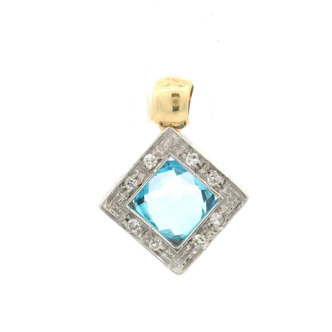 14k Gold Blue Topaz Diamond Frame Charm Pendant: 14k Gold Blue Topaz Diamond Frame Charm Pendant Elevate your style with this stunning charm pendant featuring a captivating checkerboard-cut blue topaz surrounded by a sparkling diamond frame. Crafted