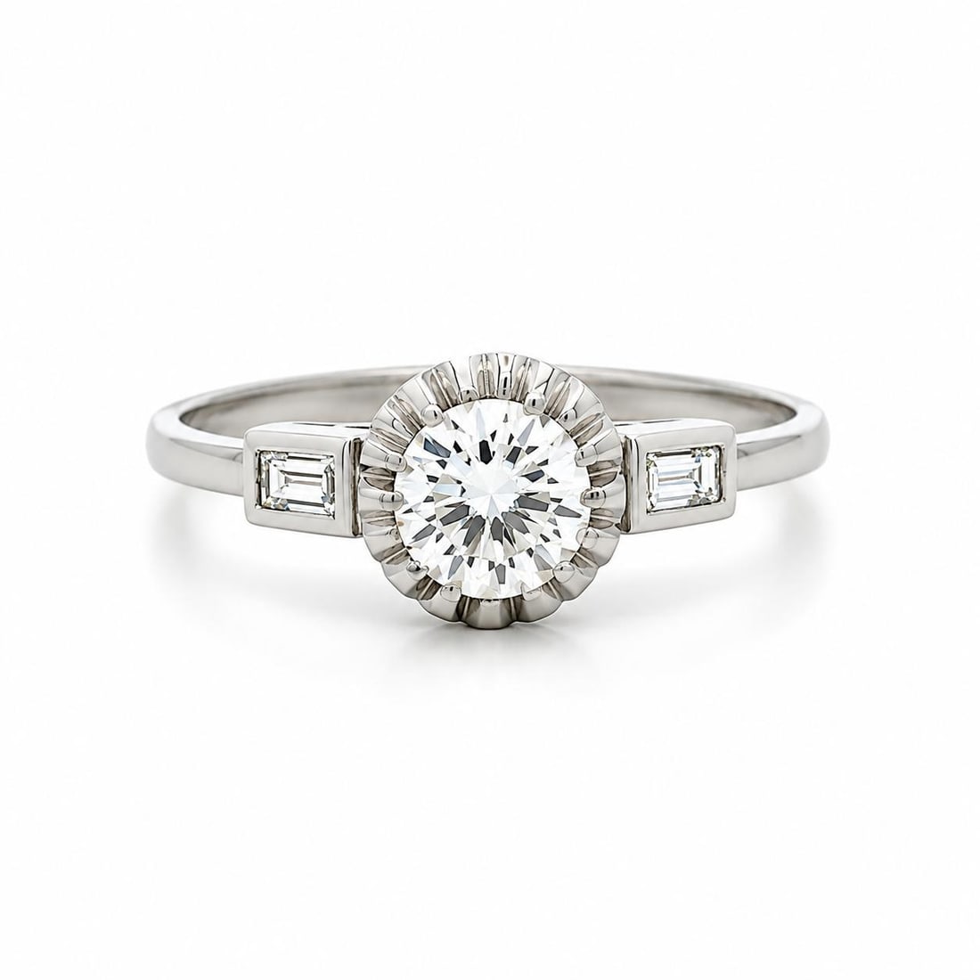 Platinum Diamond Ring 0.80ct Old Cut Center with Baguette Accents Size 9.5: Platinum Diamond Ring 0.80ct Old Cut Center with Baguette Accents Size 9.5 Vintage unbranded women's ring crafted in solid platinum and set with natural diamonds. The design features one old transitio