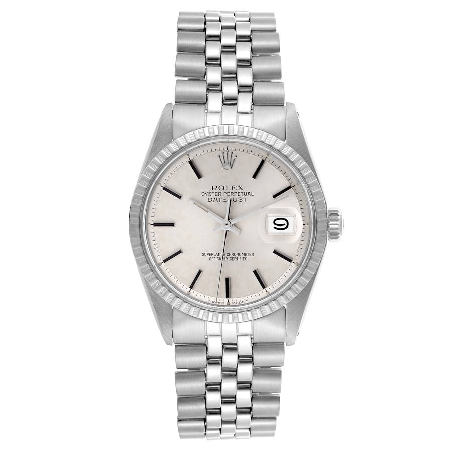 Rolex Datejust 1603 Mens Watch Silver Stick Dial D-Link Jubilee: Rolex Datejust 1603 Mens Watch Silver Stick Dial D-Link Jubilee Men's Rolex Datejust watch, reference 1603, featuring a silver stick dial and an engine turned bezel. It is fitted with a D-Link Jubilee