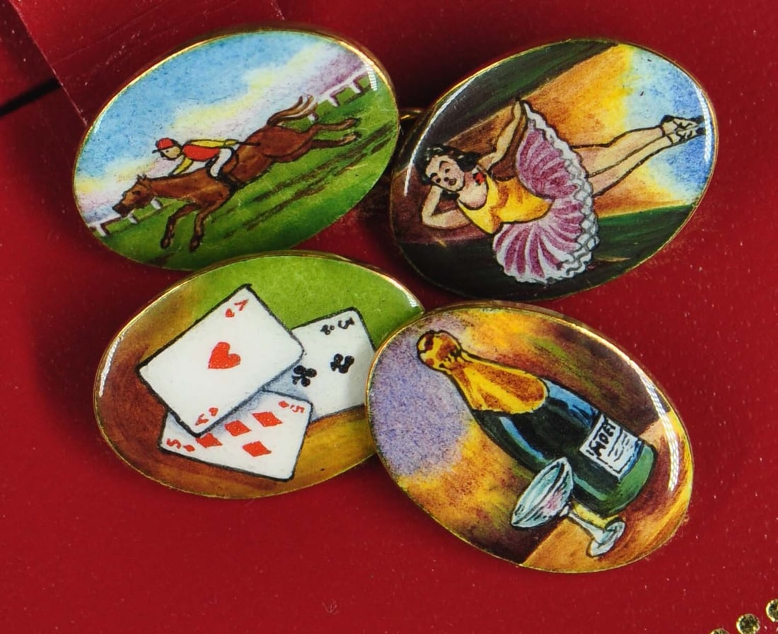 Vintage 18k Yellow Gold Enamel Cuff Links Horse Race Wine Cards: Vintage 18k Yellow Gold Enamel Cuff Links Horse Race Wine Cards Introducing a stunning pair of vintage cufflinks from the Road to Ruin series, beautifully crafted in 18k yellow gold with vibrant ename