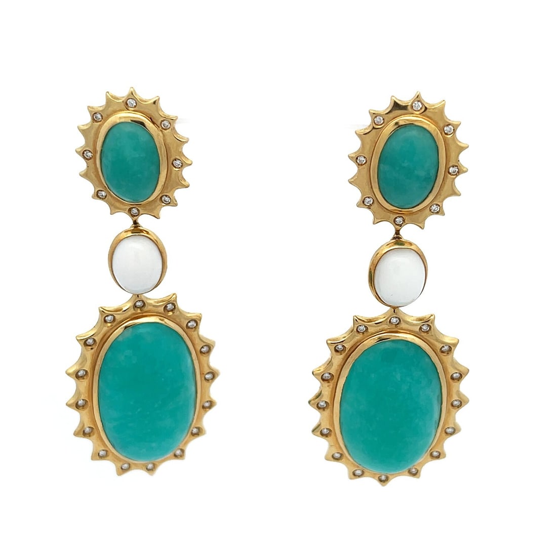 Carla Amorim 18k Yellow Gold Diamond Gemstone Dangle Earrings: Carla Amorim 18k Yellow Gold Diamond Gemstone Dangle Earrings These stunning dangle earrings by Carla Amorim are crafted from 18k yellow gold and adorned with brilliant diamonds and colorful gemstones