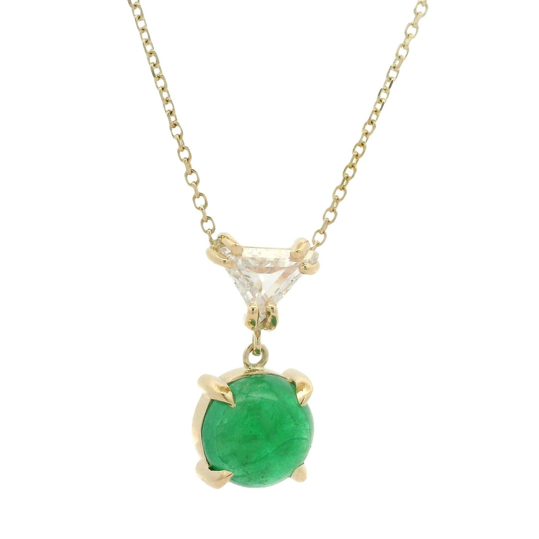 Custom 1.82ct Emerald & Diamond Pendant Necklace in 14k Yellow Gold: Custom 1.82ct Emerald & Diamond Pendant Necklace in 14k Yellow Gold This exquisite drop pendant necklace features a stunning 1.82ct cabochon emerald and a trillion diamond, elegantly crafted in solid 