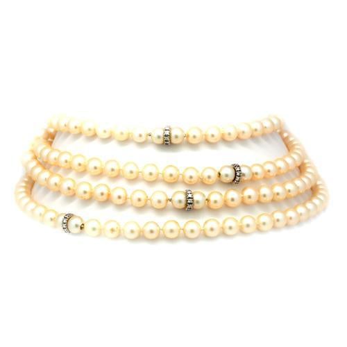 Stunning 90 Inch Pearl and Diamond Necklace in Platinum: Stunning 90 Inch Pearl and Diamond Necklace in Platinum This exquisite Pearl & Diamond Necklace features a stunning arrangement of 60 diamonds, with a total weight of 3.00 carats, showcasing E-F color