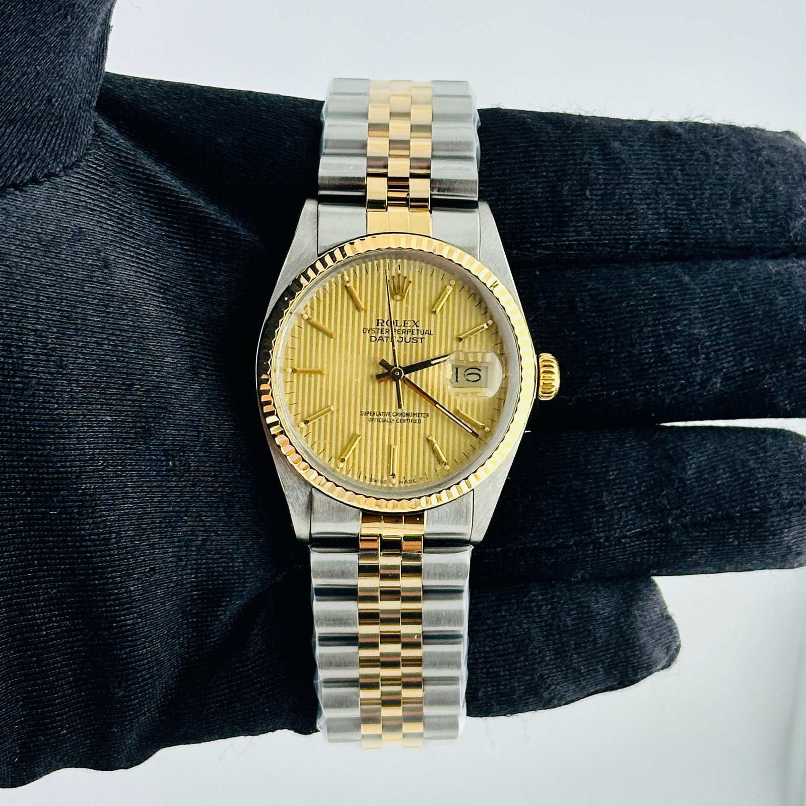 Rolex Datejust Ref 16013 Watch Champagne Tapestry Dial Aftermarket Jubilee Bracelet: Rolex Datejust Ref 16013 Watch Champagne Tapestry Dial Aftermarket Jubilee Bracelet This Rolex Datejust features a champagne tapestry dial and is fitted with an aftermarket Jubilee bracelet. The watch