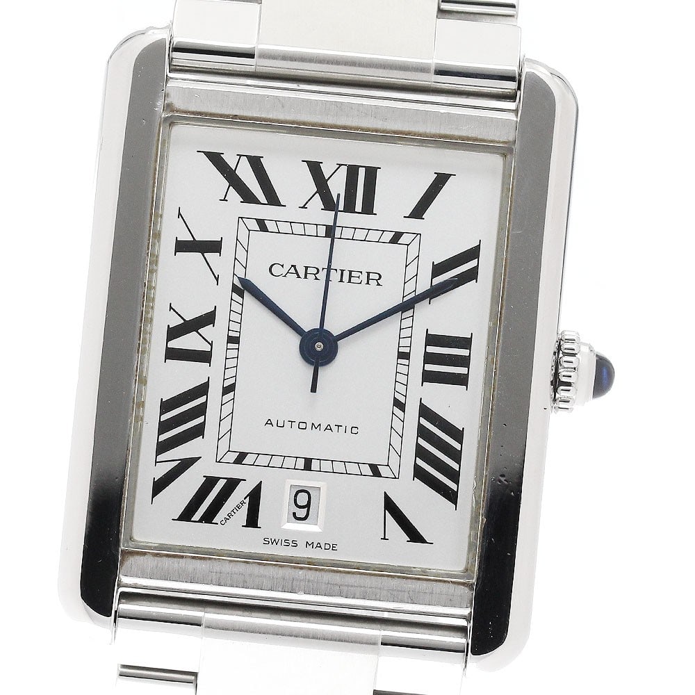Cartier Tank Solo XL Automatic Silver Dial Date Men's Wristwatch: Cartier Tank Solo XL Automatic Silver Dial Date Men's Wristwatch This is a pre-owned Cartier Tank Solo XL W5200028 automatic wristwatch for men, featuring a silver dial with date display. Crafted in S