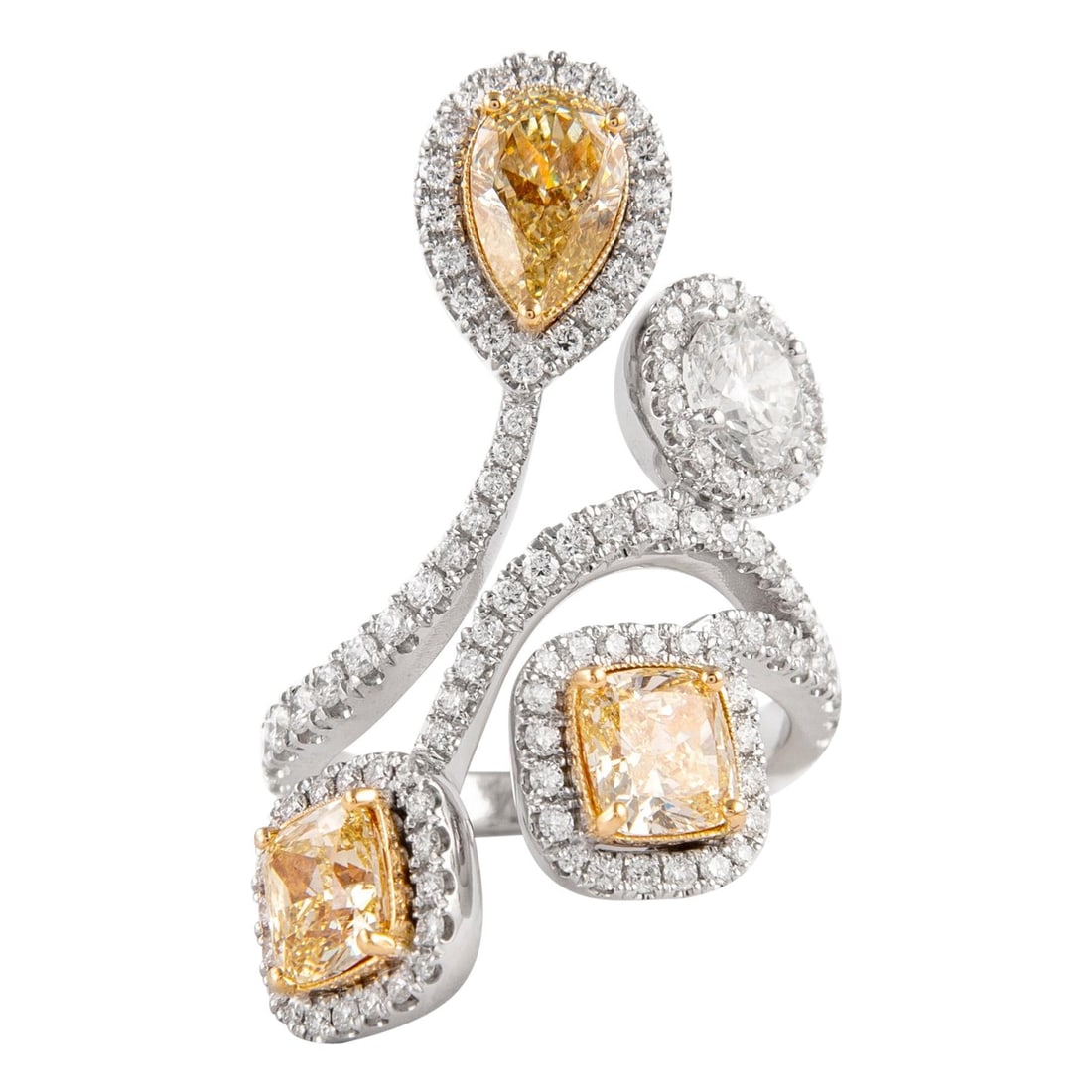 3.06ct GIA Fancy Yellow Diamond Ring 18k Gold: 3.06ct GIA Fancy Yellow Diamond Ring 18k Gold This exquisite bypass ring features a stunning 3.06ct GIA certified Fancy Yellow Diamond, elegantly set in an 18k gold band that combines both white and y