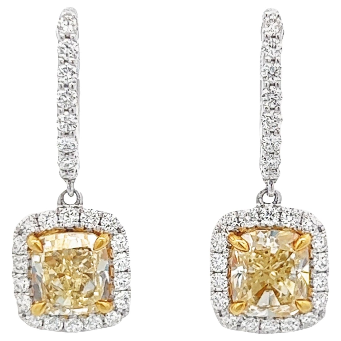 5.02ct EGL Certified Yellow Diamond Drop Earrings in 18k Two-Tone Gold: 5.02ct EGL Certified Yellow Diamond Drop Earrings in 18k Two-Tone Gold Presenting exquisite drop earrings featuring stunning yellow diamonds, EGL certified for quality and authenticity. Crafted from 1