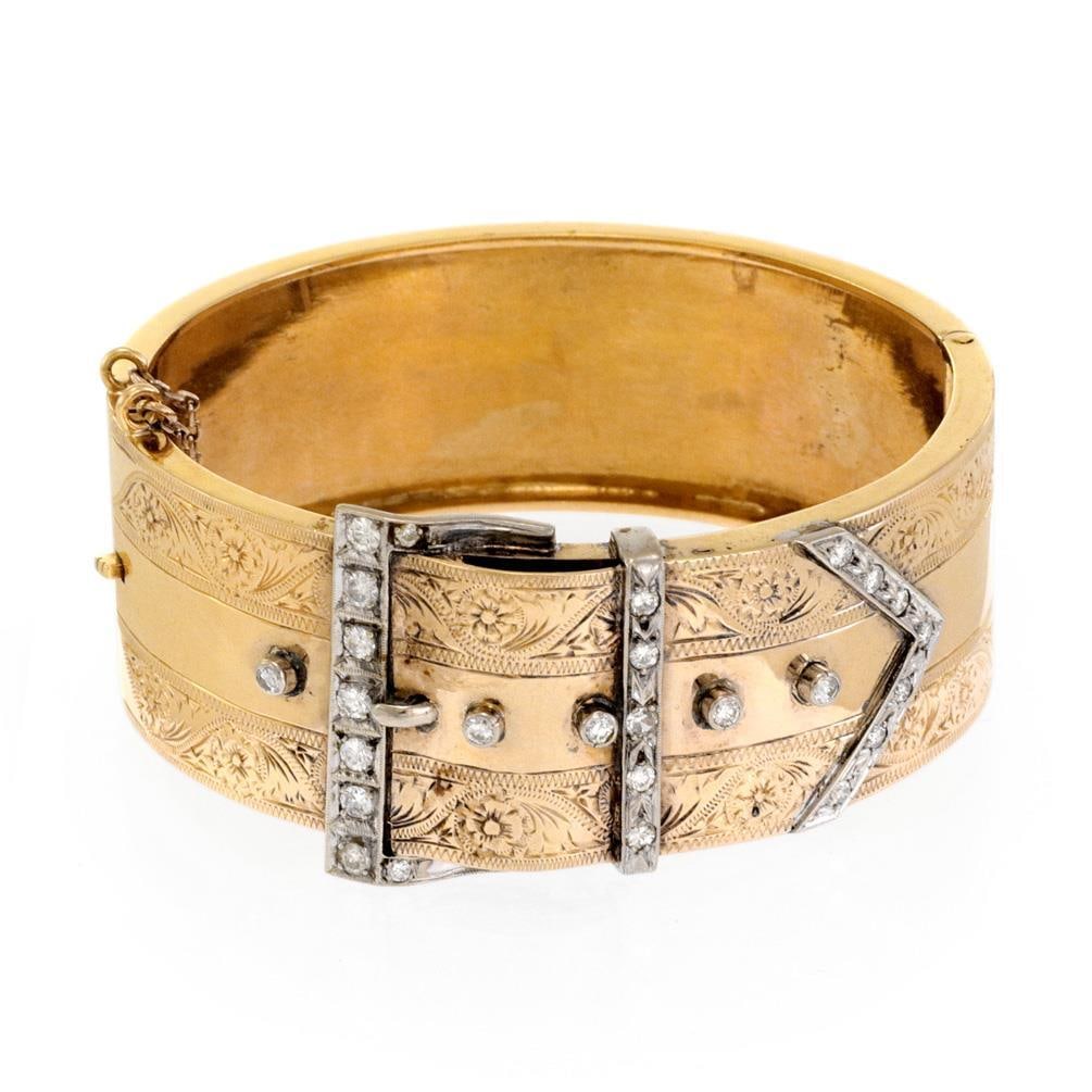 Vintage 1 Carat 18k Gold Wide Bracelet with Diamond Accents: Vintage 1 Carat 18k Gold Wide Bracelet with Diamond Accents This exquisite vintage bracelet features a unique wide band design crafted from 18k yellow and white gold. The bracelet is 22.5mm wide and s