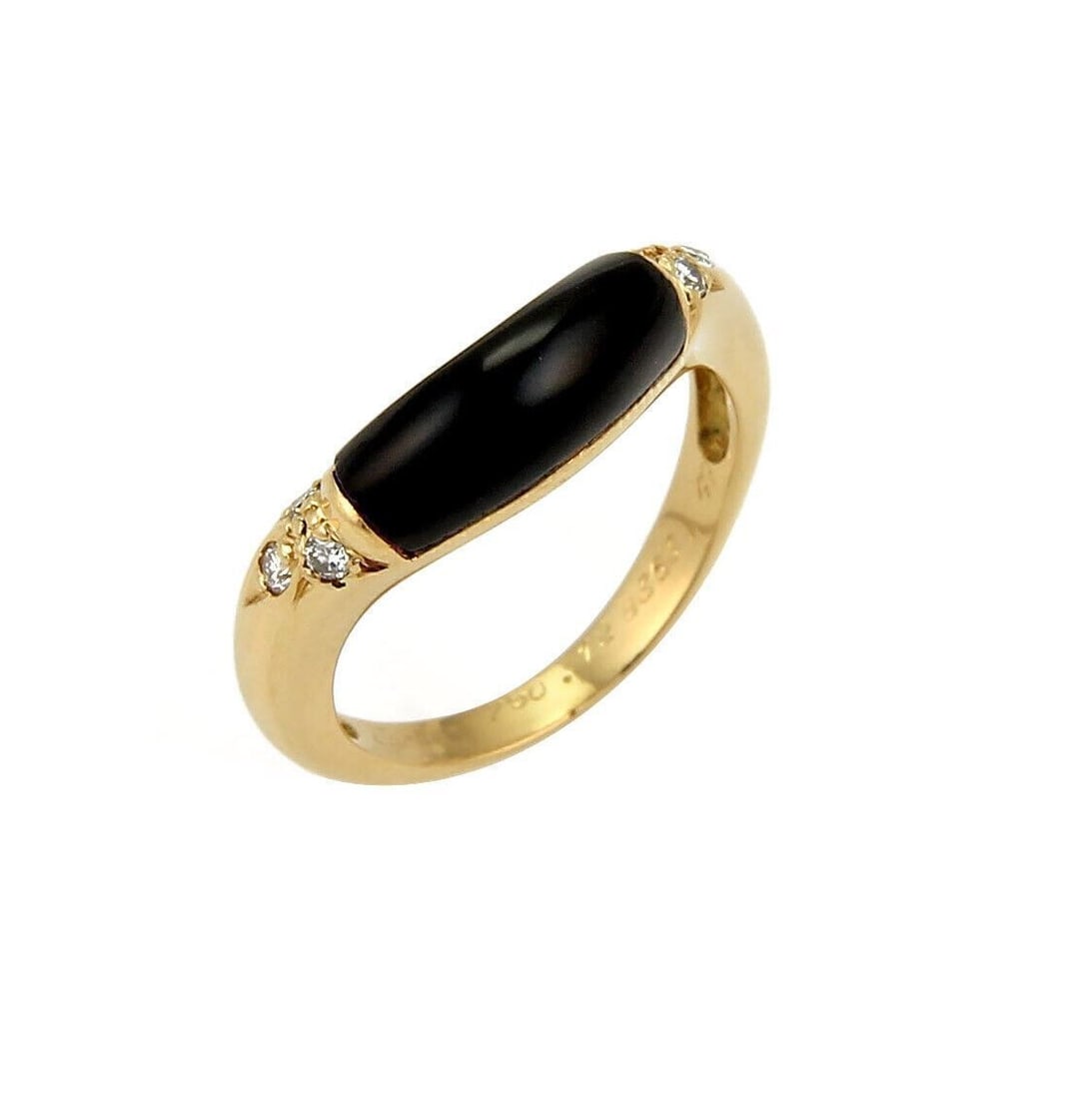 Cartier 18k Yellow Gold Stack Band Ring with Onyx and Diamonds Size 5: Cartier 18k Yellow Gold Stack Band Ring with Onyx and Diamonds Size 5 A refined Cartier stack band ring crafted in 18k yellow gold with sleek black onyx and diamond accents. The ring is size US 5 / Eu
