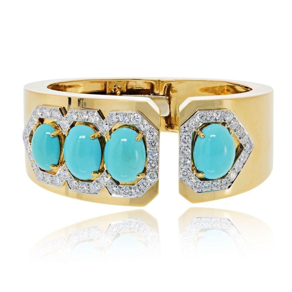 David Webb Turquoise Diamond Clamper Bracelet in Platinum and 18K Gold: David Webb Turquoise Diamond Clamper Bracelet in Platinum and 18K Gold A David Webb clamper bangle bracelet in platinum and 18K yellow gold, featuring four turquoise cabochons framed by brilliant-cut 