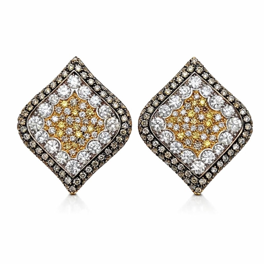 18K Yellow Gold Luca Carati Earrings with Color and White Diamonds: 18K Yellow Gold Luca Carati Earrings with Color and White Diamonds These earrings from Luca Carati are crafted in 18K yellow gold and feature a striking combination of colorless and colored diamonds. 