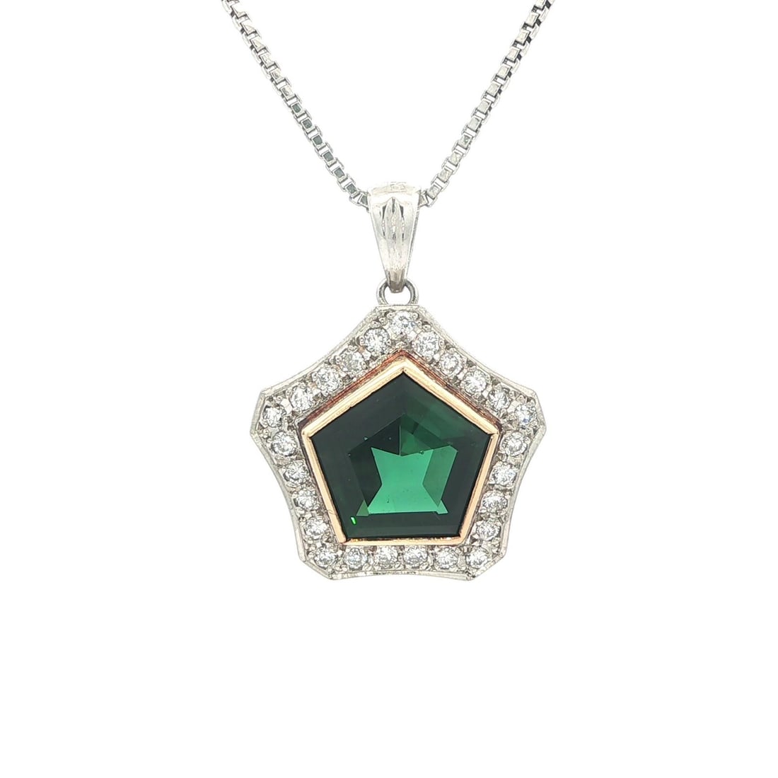 Pentagonal Tourmaline and Diamond Pendant Necklace in Platinum and 18k Gold GIA Certified: Pentagonal Tourmaline and Diamond Pendant Necklace in Platinum and 18k Gold GIA Certified This distinctive pendant necklace features a pentagonal step-cut natural green tourmaline, weighing 3.27ct, be