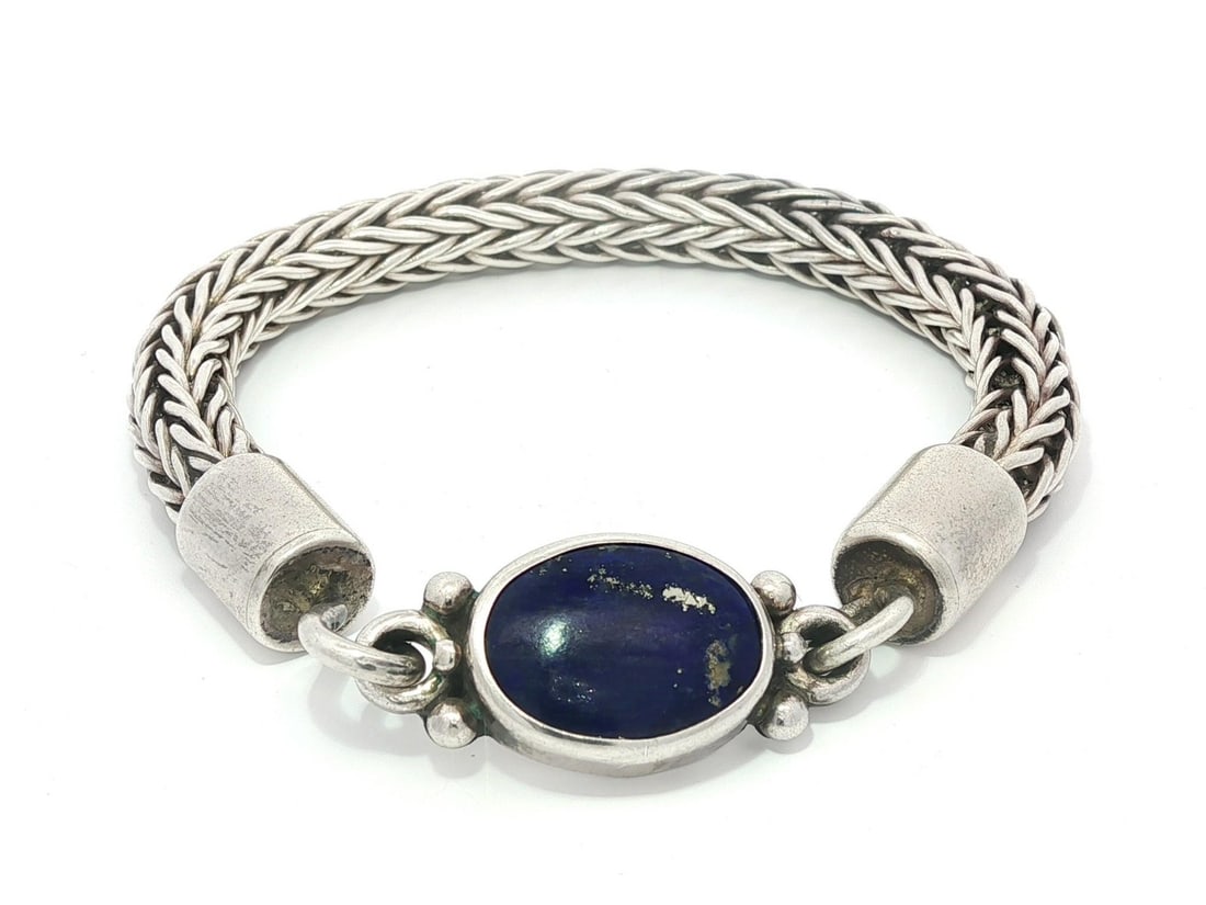 Sterling Silver Lapis Lazuli Wheat Link Bracelet 7 Inch Hook Clasp (1 of 6)