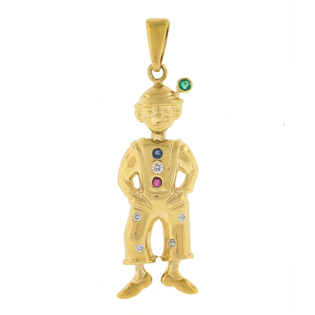 Vintage 18K Gold Clown Charm Pendant with Diamonds Emerald Ruby Sapphire: Vintage 18K Gold Clown Charm Pendant with Diamonds Emerald Ruby Sapphire This charming vintage pendant features a delightful clown design crafted from solid 18K yellow gold. It is adorned with five na