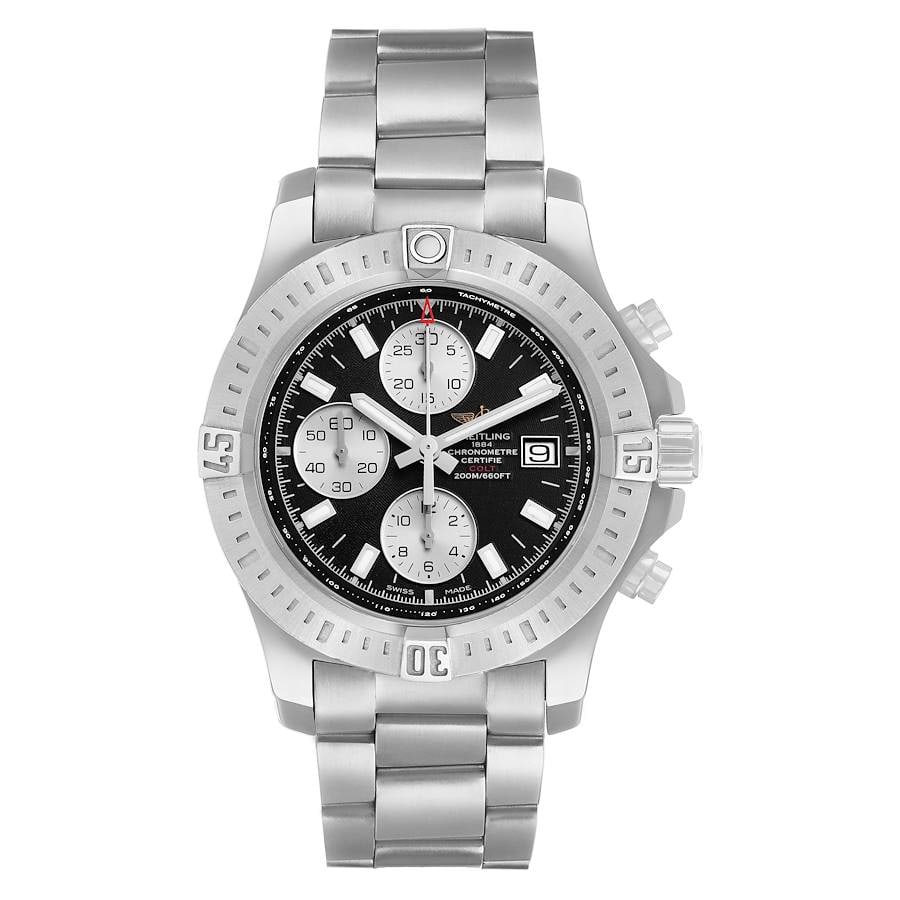 Breitling A13388 Colt Chronograph Watch Black Dial Steel Bracelet: Breitling A13388 Colt Chronograph Watch Black Dial Steel Bracelet Breitling Colt Chronograph men's watch with a black dial, rotating steel bezel, and stainless steel bracelet. Reference number A13388.