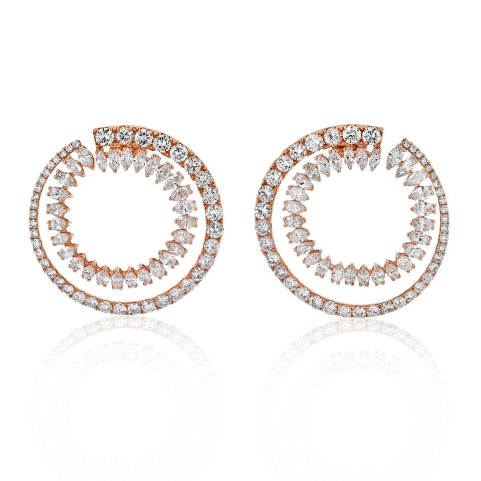 18K Rose Gold Double Hoop Earrings with 15 Carats Diamonds: 18K Rose Gold Double Hoop Earrings with 15 Carats Diamonds Elevate your elegance with these stunning 18K Rose Gold Double Hoop Earrings, adorned with exquisite Marquise and Round Cut Diamonds. The ear