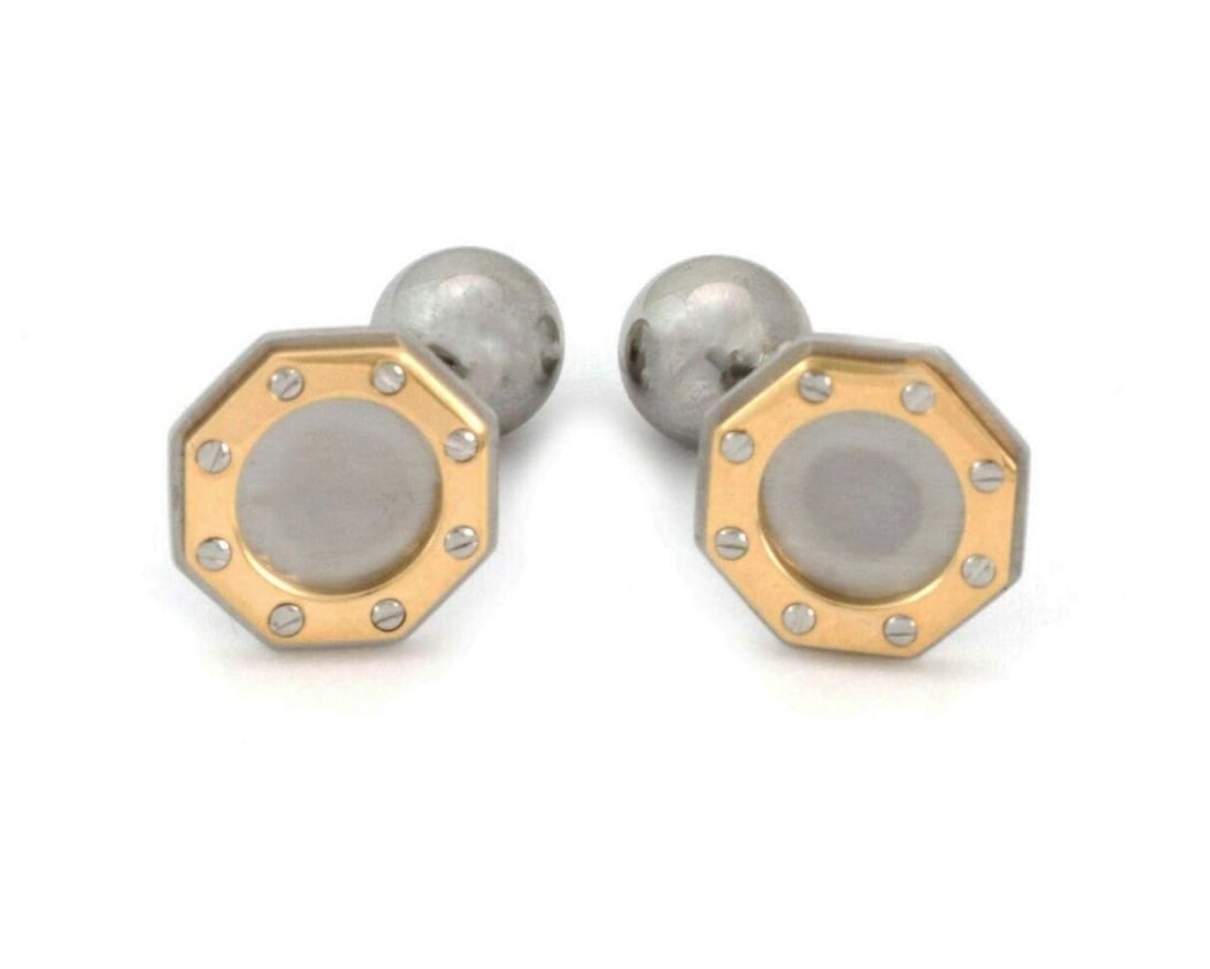 Cartier Santos Men's Cufflinks Steel with 18k Gold Octagonal Screw Motif: Cartier Santos Men's Cufflinks Steel with 18k Gold Octagonal Screw Motif Cartier Santos cufflinks in a mixed-metal design with an octagonal top and screw motif detailing. Crafted in stainless steel wi
