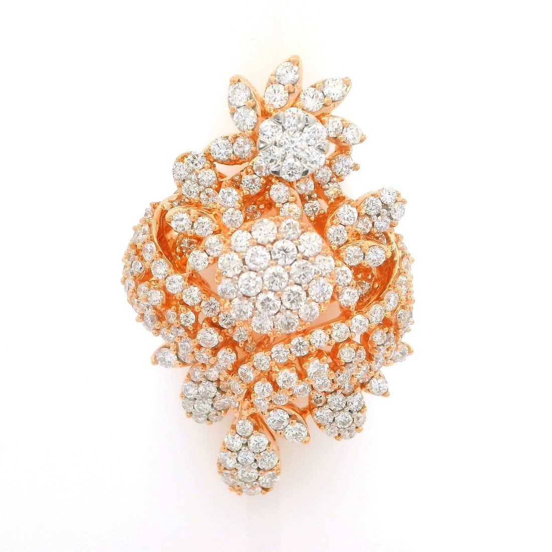18k Rose Gold Floral Cocktail Ring 2.46ctw Diamonds F VS1: 18k Rose Gold Floral Cocktail Ring 2.46ctw Diamonds F VS1 This stunning cocktail ring features a floral design crafted from solid 18k rose gold, showcasing 2.46 carats of fiery diamonds. The round bri