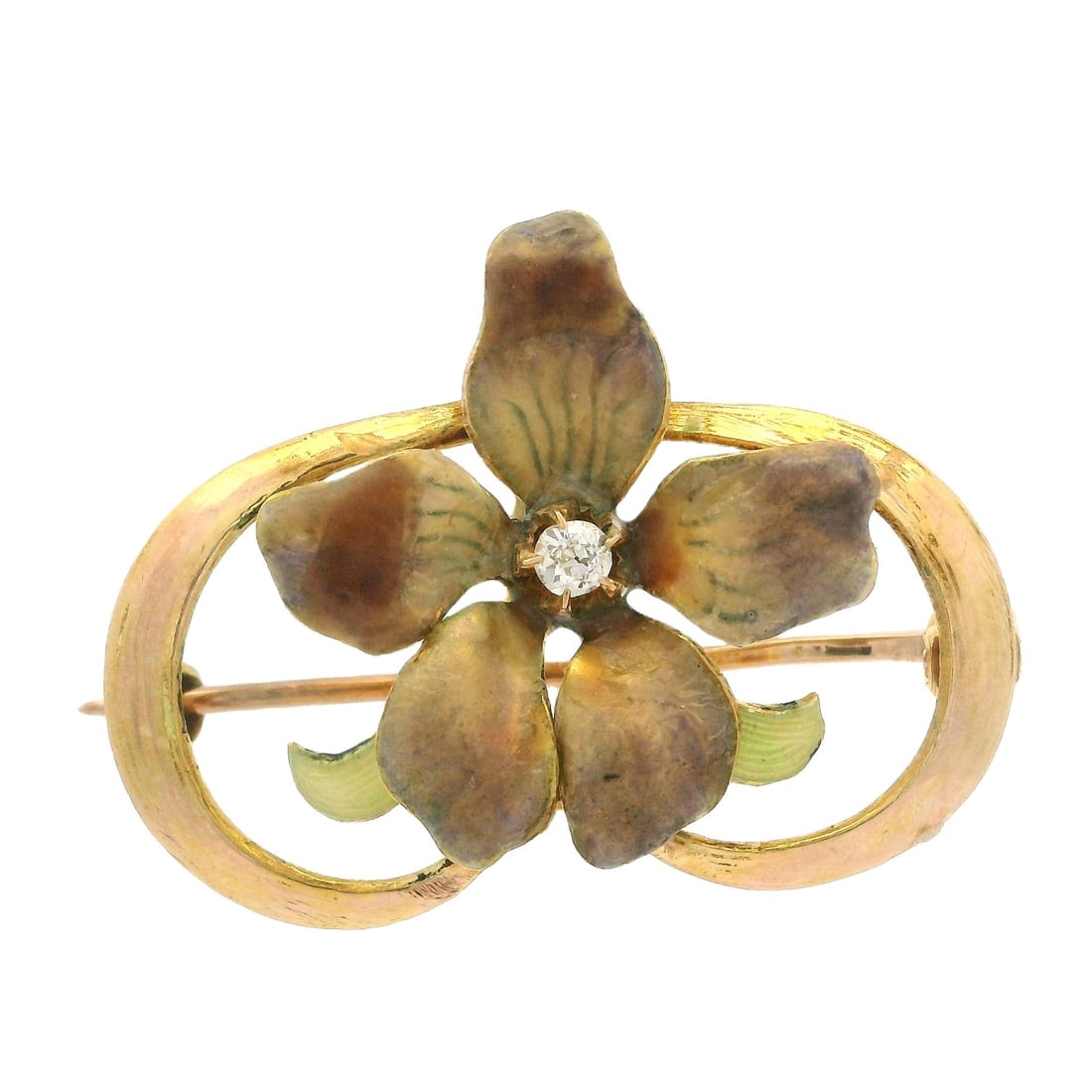 Antique Art Nouveau 10k Yellow Gold Diamond Enamel Flower Brooch Pendant: Antique Art Nouveau 10k Yellow Gold Diamond Enamel Flower Brooch Pendant This exquisite Antique Art Nouveau pin brooch pendant showcases a stunning flower design, crafted from 10k yellow gold and ador