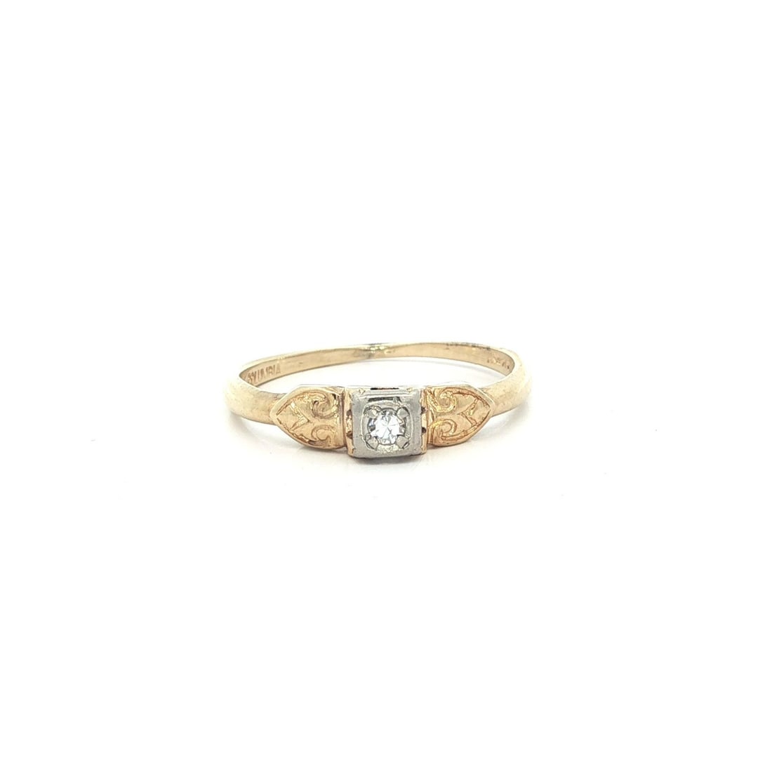 Antique 14k Gold Diamond Heart Promise Ring 0.04ct: Antique 14k Gold Diamond Heart Promise Ring 0.04ct This exquisite antique promise ring features a stunning heart-shaped design crafted from solid 14k yellow gold with a palladium top. The centerpiece 
