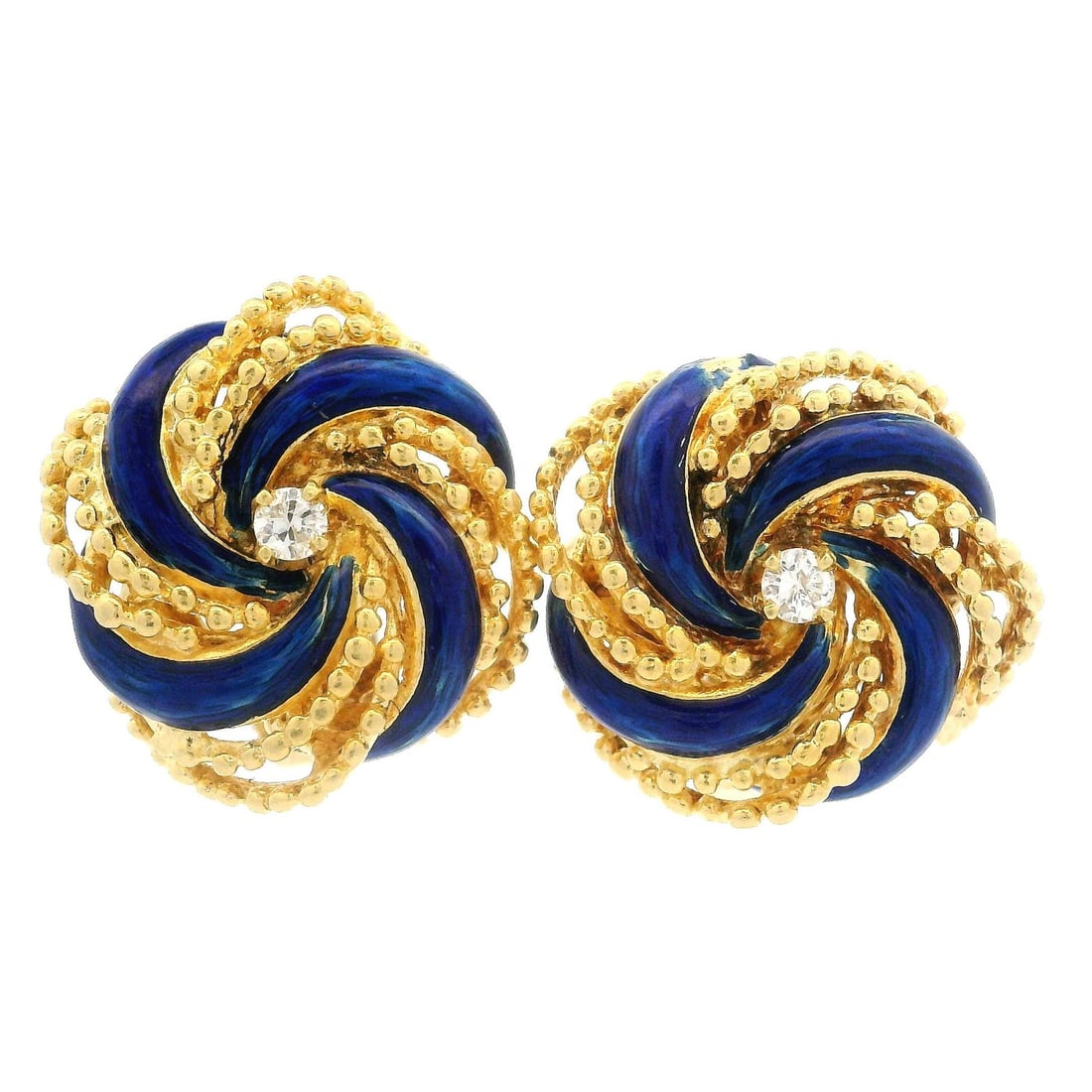 Vintage 18k Yellow Gold Diamond Blue Enamel Spiral Button Earrings: Vintage 18k Yellow Gold Diamond Blue Enamel Spiral Button Earrings These exquisite Vintage Yellow Gold Diamond Blue Enamel Textured Spiral Button Earrings feature two natural, genuine round brilliant 