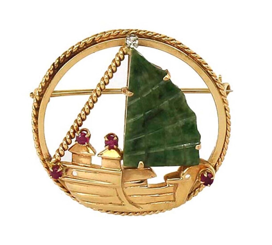 Vintage 14k Yellow Gold Sailboat Brooch with Jade Ruby and Diamond (1 of 3)
