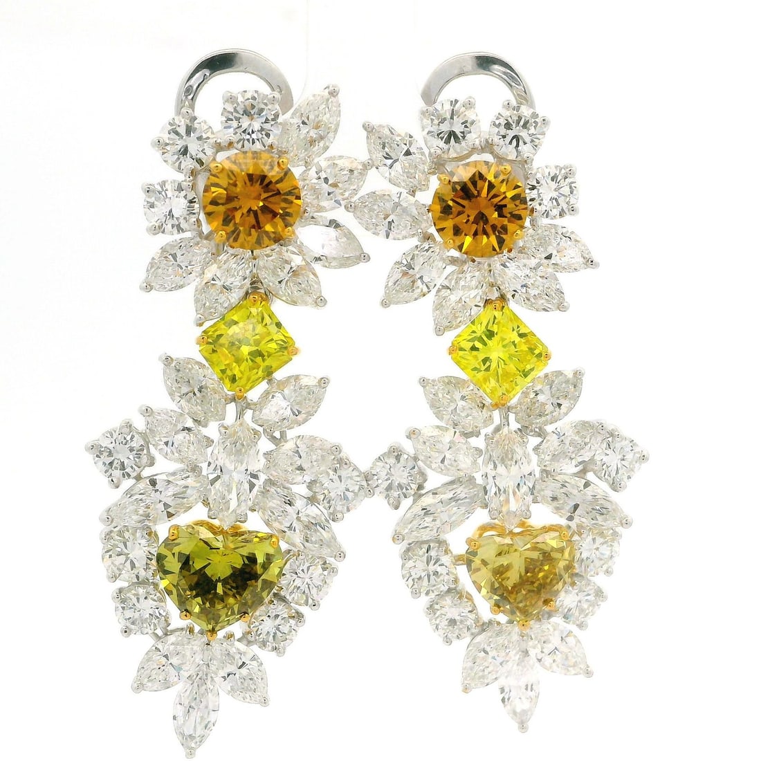 GIA Certified 19.96ctw Fancy Color Diamond Dangle Earrings in Platinum and Yellow Gold: GIA Certified 19.96ctw Fancy Color Diamond Dangle Earrings in Platinum and Yellow Gold Elevate your elegance with these stunning dangle drop earrings, featuring a remarkable total carat weight of 19.9