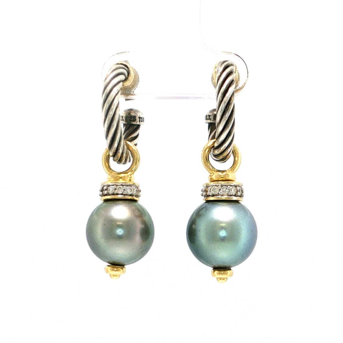 David Yurman Tahitian Pearl Diamond Drop Earrings Sterling Silver 18k Gold: David Yurman Tahitian Pearl Diamond Drop Earrings Sterling Silver 18k Gold These David Yurman cable diamond and Tahitian pearl drop earrings are crafted in sterling silver and 18k yellow gold. The des