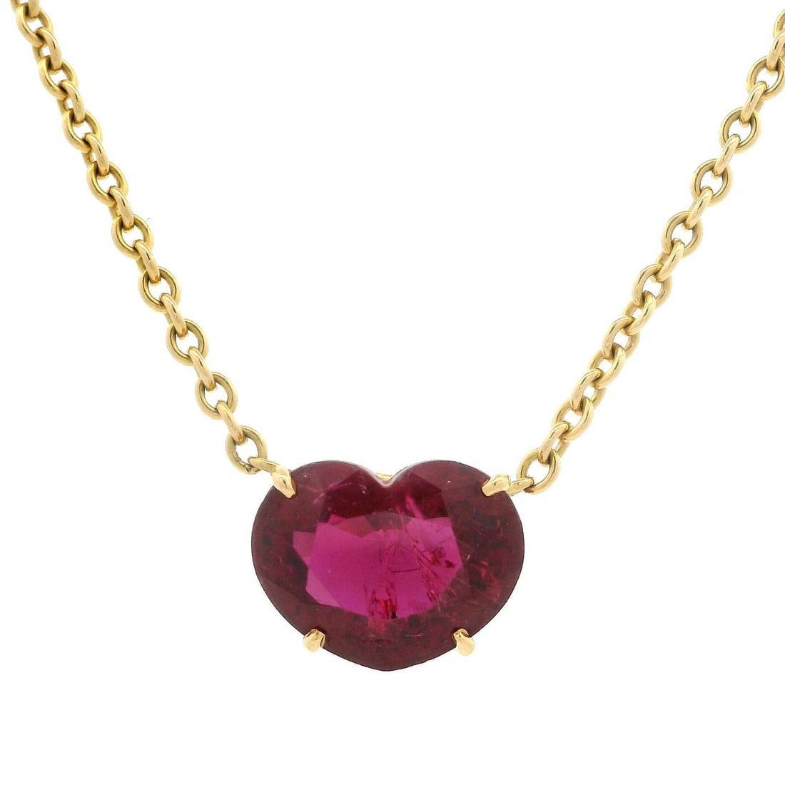 Vintage 18k Gold GIA Certified 3.75ct Heart Ruby Pendant Necklace 15": Vintage 18k Gold GIA Certified 3.75ct Heart Ruby Pendant Necklace 15" This exquisite vintage necklace features a stunning heart-shaped ruby, weighing approximately 3.75 carats, prong set in solid 18k 