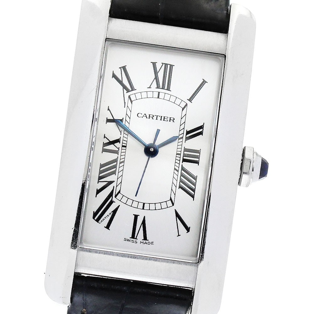 Cartier Tank Americaine MM Automatic Silver Boys Wristwatch: Cartier Tank Americaine MM Automatic Silver Boys Wristwatch This Cartier Tank Americaine MM wristwatch features a stainless steel case, silver dial, and leather strap. Designed for unisex wear, it is 