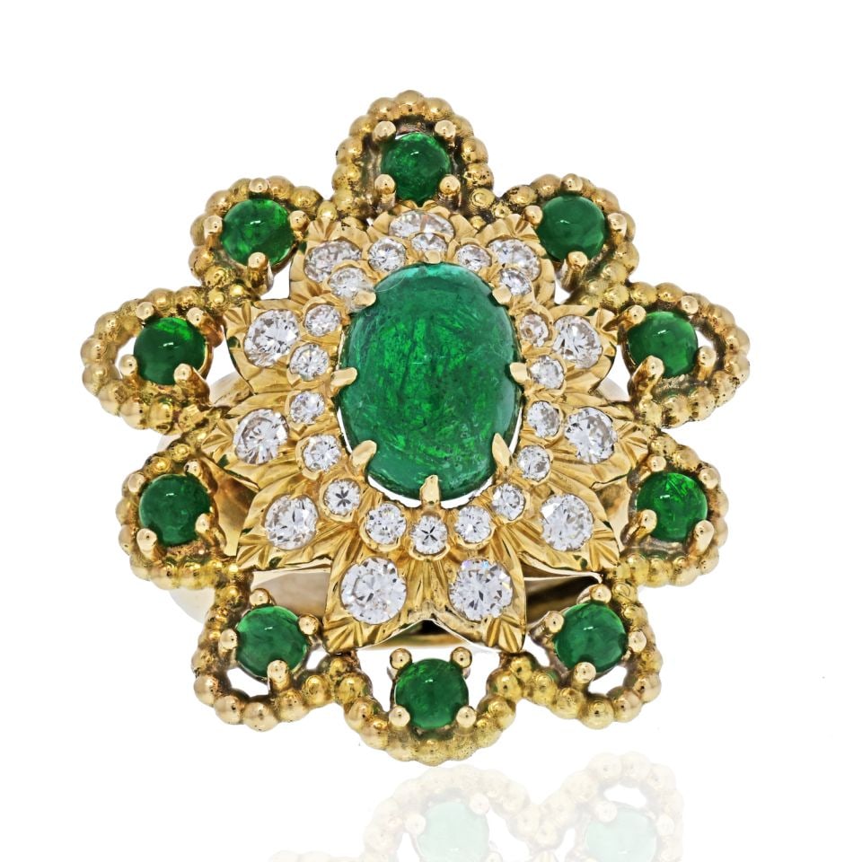 David Webb 18K Yellow Gold Diamond Emerald Flower Ring (1 of 3)