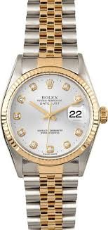 Rolex Datejust Ref 16233G Mens Watch Silver Diamond Dial Jubilee Bracelet: Rolex Datejust Ref 16233G Mens Watch Silver Diamond Dial Jubilee Bracelet This Rolex Datejust watch features a silver dial adorned with diamond hour markers, complemented by a fluted bezel. It comes e
