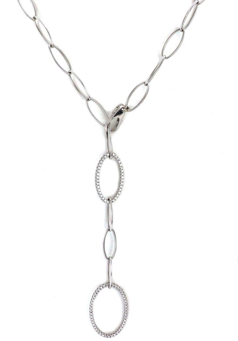 14k White Gold Diamond Lavalier Necklace Italy 16 Inch: 14k White Gold Diamond Lavalier Necklace Italy 16 Inch This elegant lavalier necklace is crafted from 14k white gold and features a marquee link chain with a secure large lobster clasp. The long, dang