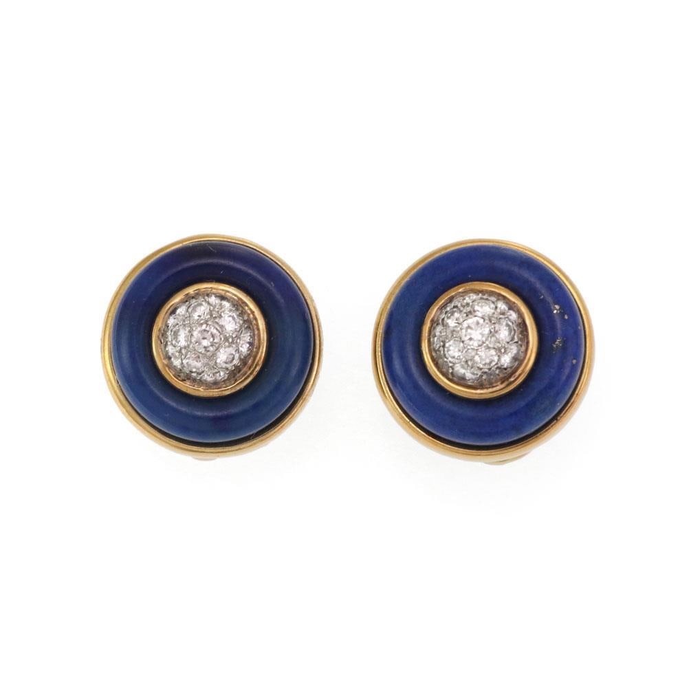 Tiffany & Co Vintage 18k Gold Diamond Lapis Clip On Huggie Earrings: Tiffany & Co Vintage 18k Gold Diamond Lapis Clip On Huggie Earrings This exquisite pair of vintage huggie earrings from Tiffany & Co. showcases a unique button shape, crafted from 18k yellow and white
