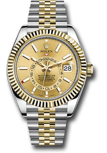 Rolex 2021 SkyDweller Champagne Dial Jubilee Bracelet Ref 326933 with Green Card: Rolex 2021 SkyDweller Champagne Dial Jubilee Bracelet Ref 326933 with Green Card This is a Rolex Sky-Dweller watch featuring a champagne dial and fluted bezel, complemented by a Jubilee bracelet. The 