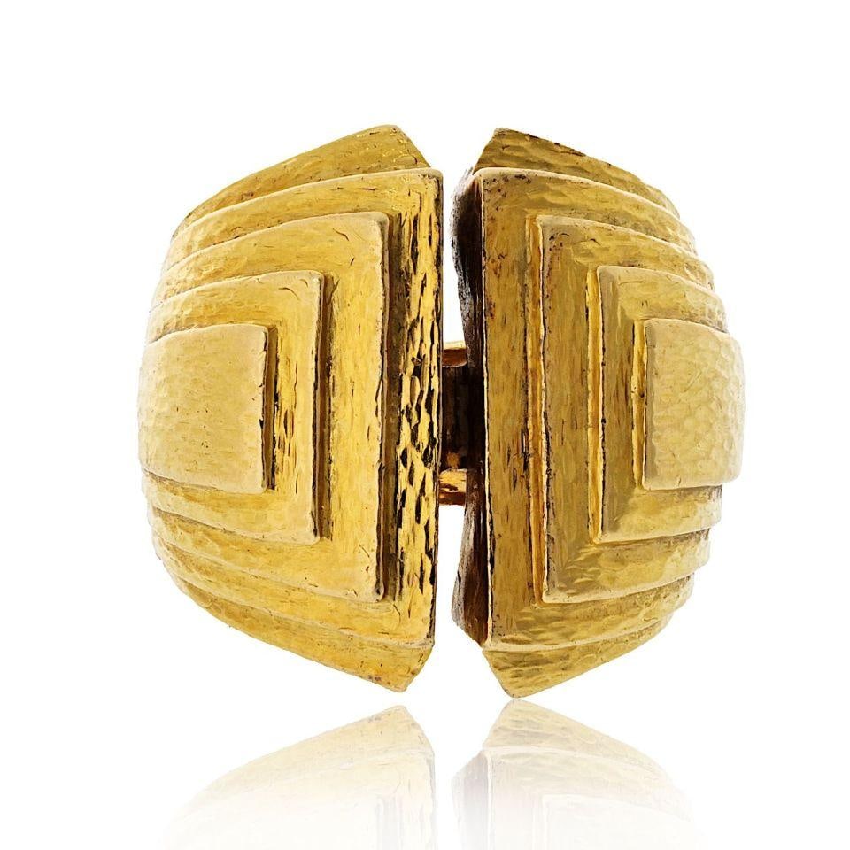David Webb Estate Step Ring Platinum 18K Yellow Gold Bark Finish: David Webb Estate Step Ring Platinum 18K Yellow Gold Bark Finish Introducing the David Webb Estate Step Ring, a stunning piece crafted in Platinum and 18K Yellow Gold. This ring showcases a distinctiv