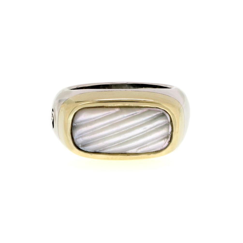 David Yurman MOP Ring Sterling Silver 14k Gold Rectangular Design: David Yurman MOP Ring Sterling Silver 14k Gold Rectangular Design This exquisite David Yurman ring showcases a stunning blend of materials and craftsmanship. Made from sterling silver, it features a p