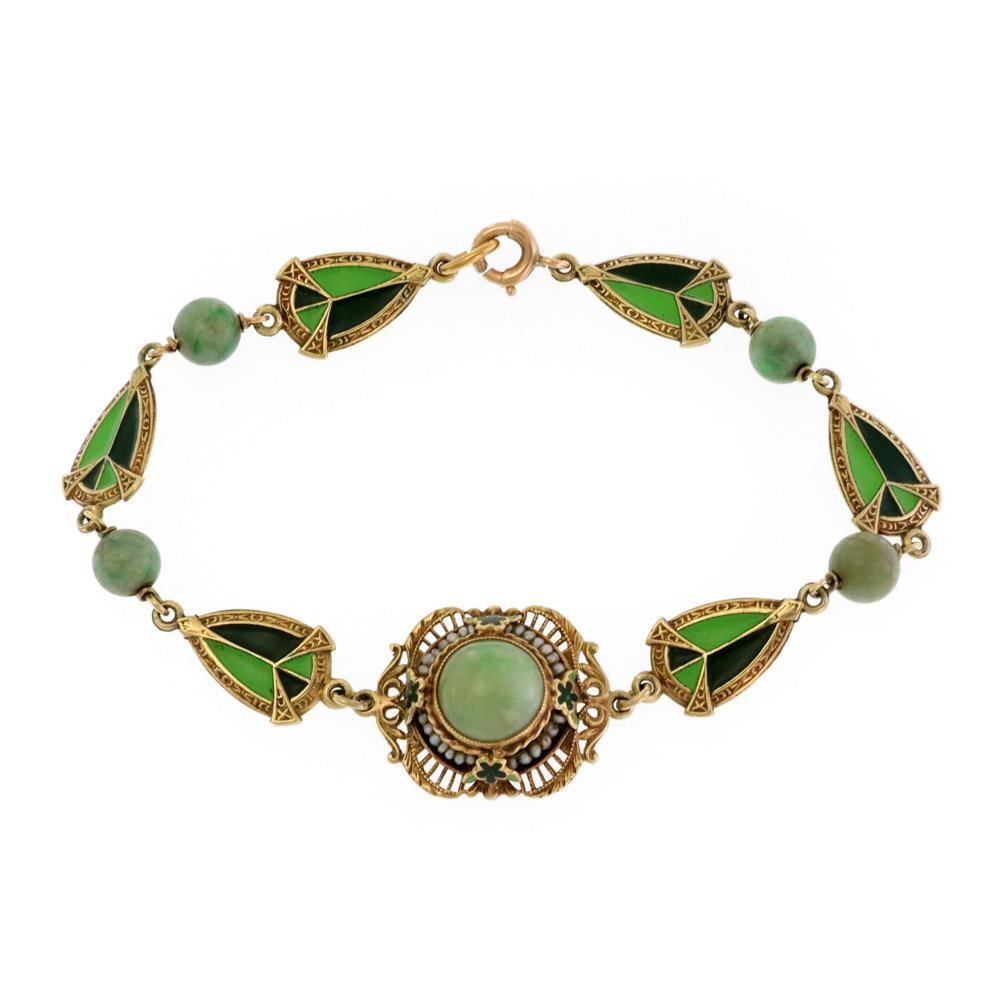 Vintage Art Deco 14k Yellow Gold Pearl Enamel Bracelet: Vintage Art Deco 14k Yellow Gold Pearl Enamel Bracelet This exquisite Art Deco bracelet is meticulously crafted from 14k yellow gold. The centerpiece features a dome-shaped top adorned with a round gr