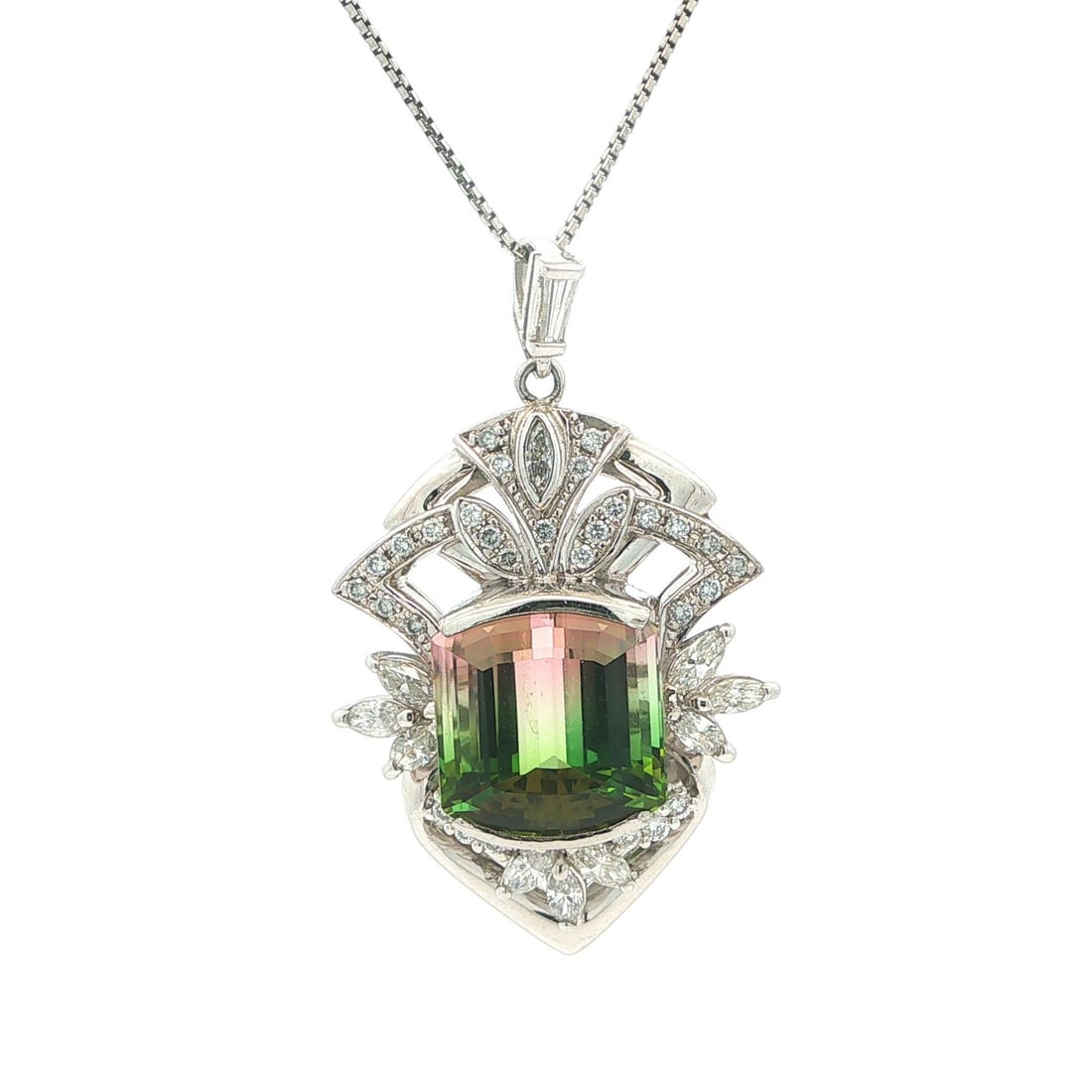 GIA platinum watermelon tourmaline diamond pendant necklace: GIA platinum watermelon tourmaline diamond pendant necklace This vintage pendant necklace features a striking natural watermelon tourmaline as its centerpiece, weighing exactly 13.38 carats. The recta