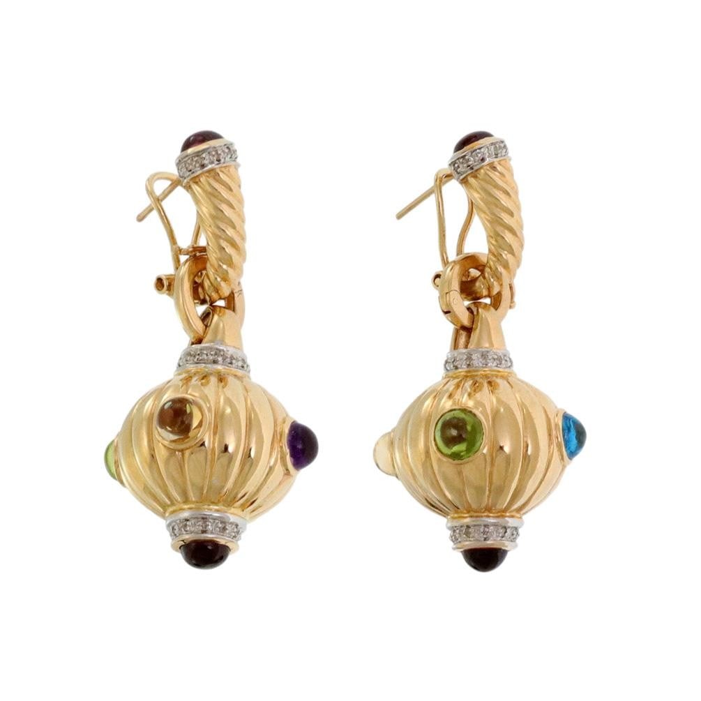 14k Gold Diamond Multicolor Gem Drop Earrings Ribbed Disco Ball: 14k Gold Diamond Multicolor Gem Drop Earrings Ribbed Disco Ball Elevate your accessory game with these stunning Diamond Multicolor Gems Earrings, expertly crafted in 14k yellow and white gold with a p