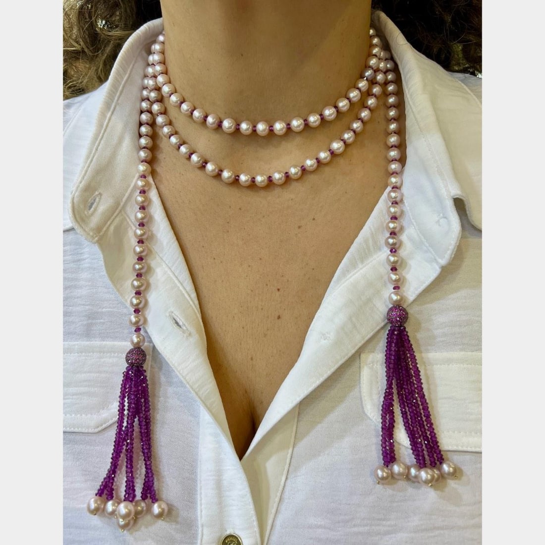 58 Inch 14K Gold Strand with Cultured Pearls: 58 Inch 14K Gold Strand with Cultured Pearls This pre-owned necklace features cultured pearls with a 14K gold setting. The necklace weighs 113.4 grams and measures 58 inches in length. Specifications 